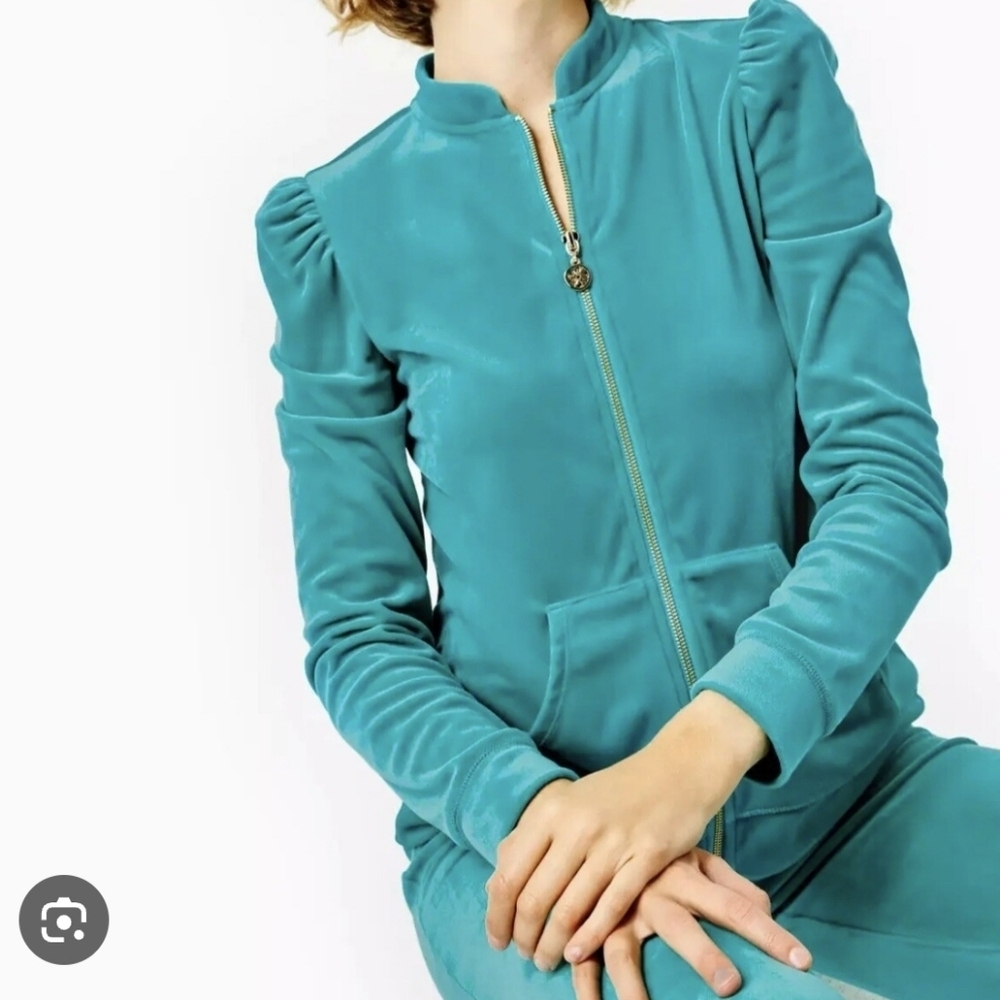 Lilly Pulitzer Evanna Velour Turquoise Zip Front Loungewear Jacket Size Large